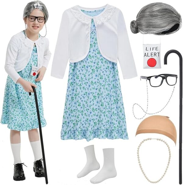 AMAZON Limited time deal -13% ON Old Lady Costume for Girls 100th Day of School Costume Grandma Granny Dress with Wig for Kids